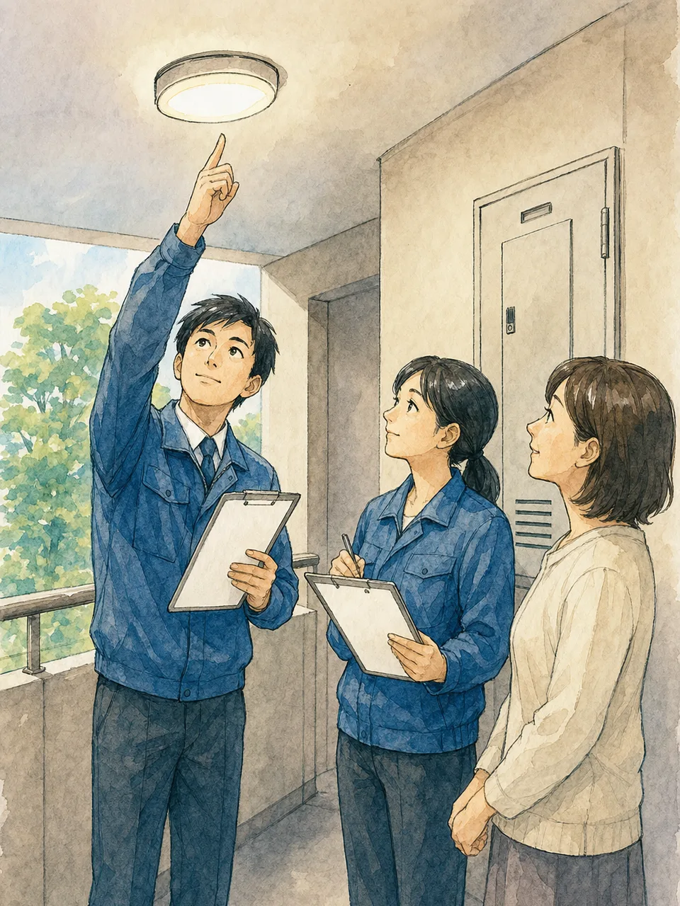 マンションを管理する日本人スタッフ（手描き水彩）。マンション管理、管理人、建物点検、共同住宅の記事向け素材です。