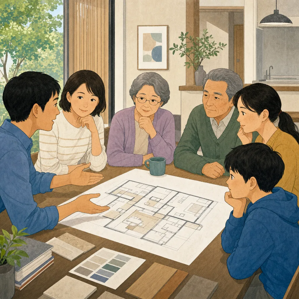 二世帯住宅で暮らす日本人家族（編集記事向け）。二世帯住宅、三世代家族、間取り、住まいの記事向け素材です。