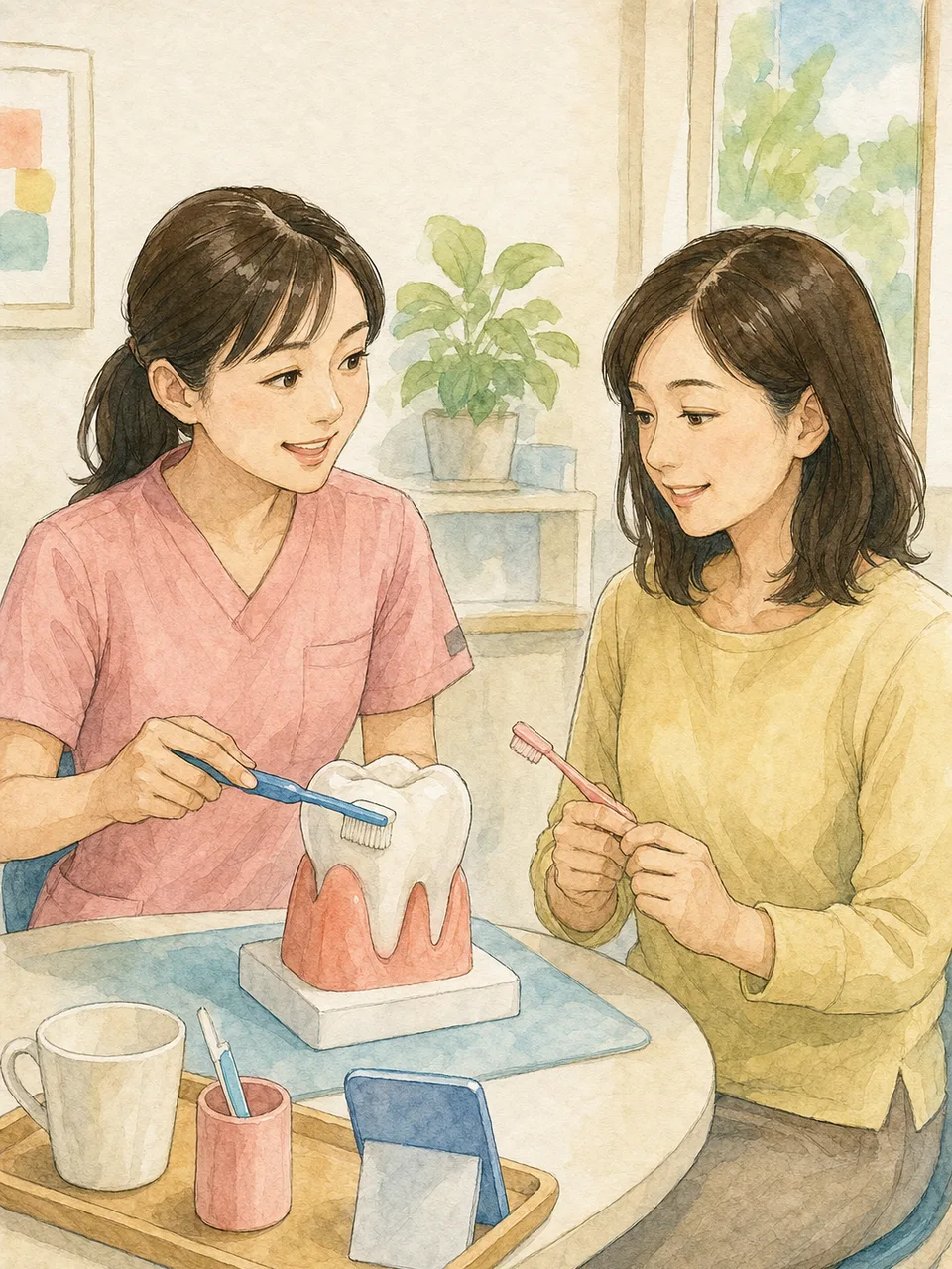 歯磨きを指導する日本人歯科衛生士（手描き水彩）。歯科衛生士の歯磨き指導、ブラッシング指導、歯科衛生士、予防歯科の記事や案内に使える商用素材です。
