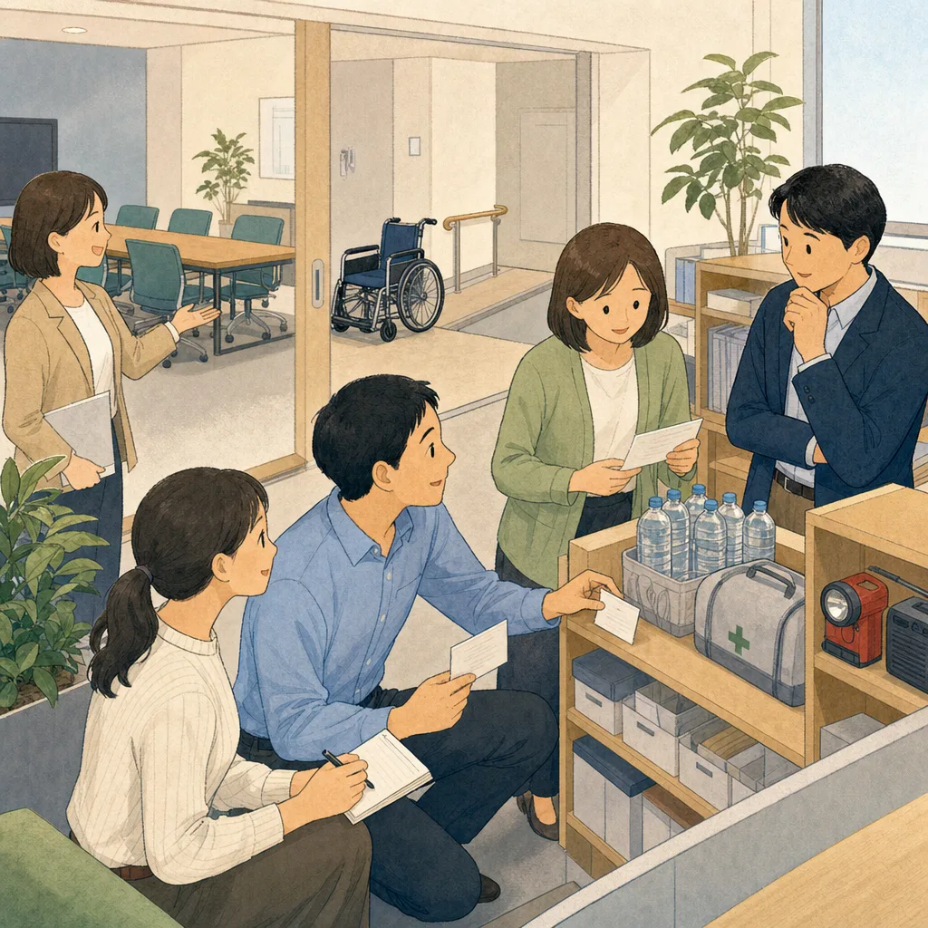 職場を支える日本人総務担当者（編集記事向け）。総務、職場環境、備品管理、社内調整の記事向け素材です。
