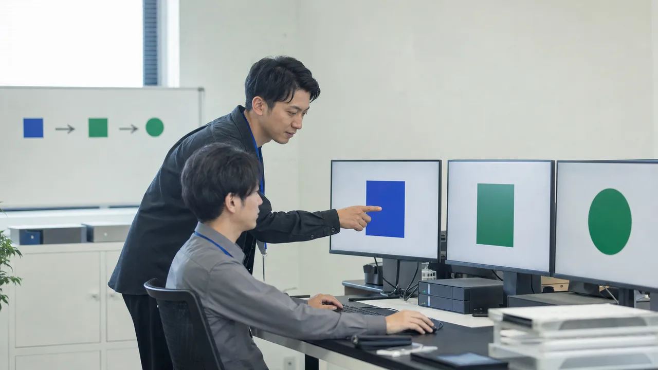 バックアップ復旧訓練をする日本人技術者（横長・コピースペース）。バックアップ復旧訓練、復旧テスト、バックアップ、復旧訓練の記事や案内に使える商用素材です。