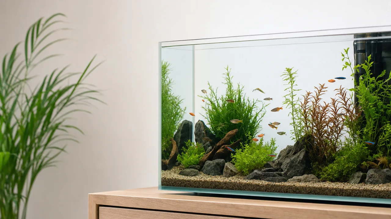 水草のある淡水アクアリウム（横長・コピースペース）。淡水魚、アクアリウム、水草水槽、観賞魚の記事や案内に使える商用素材です。
