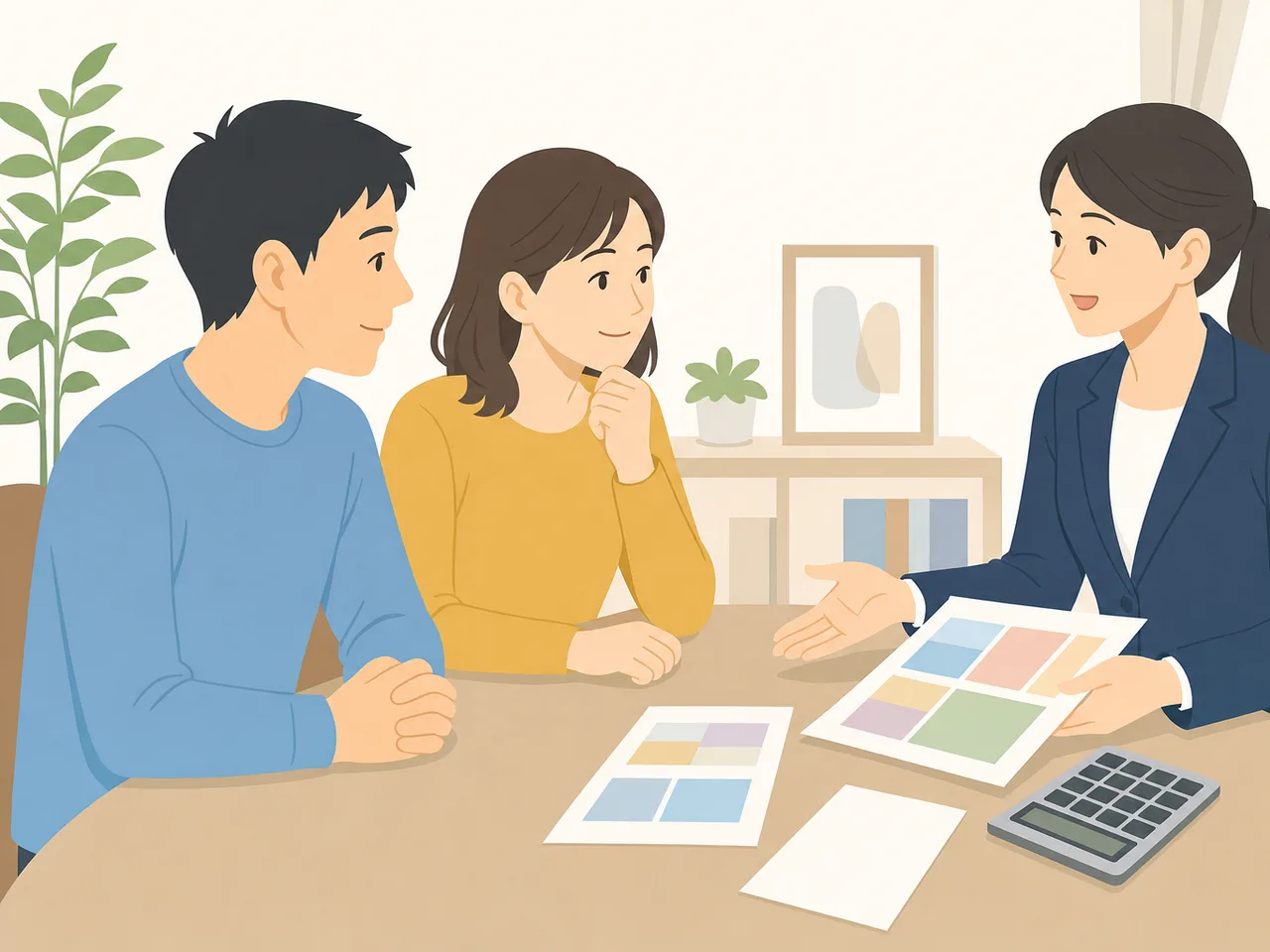 家計を支援する日本人ファイナンシャルプランナー（フラットイラスト）。ファイナンシャルプランナー、家計相談、資産形成の記事向け素材です。