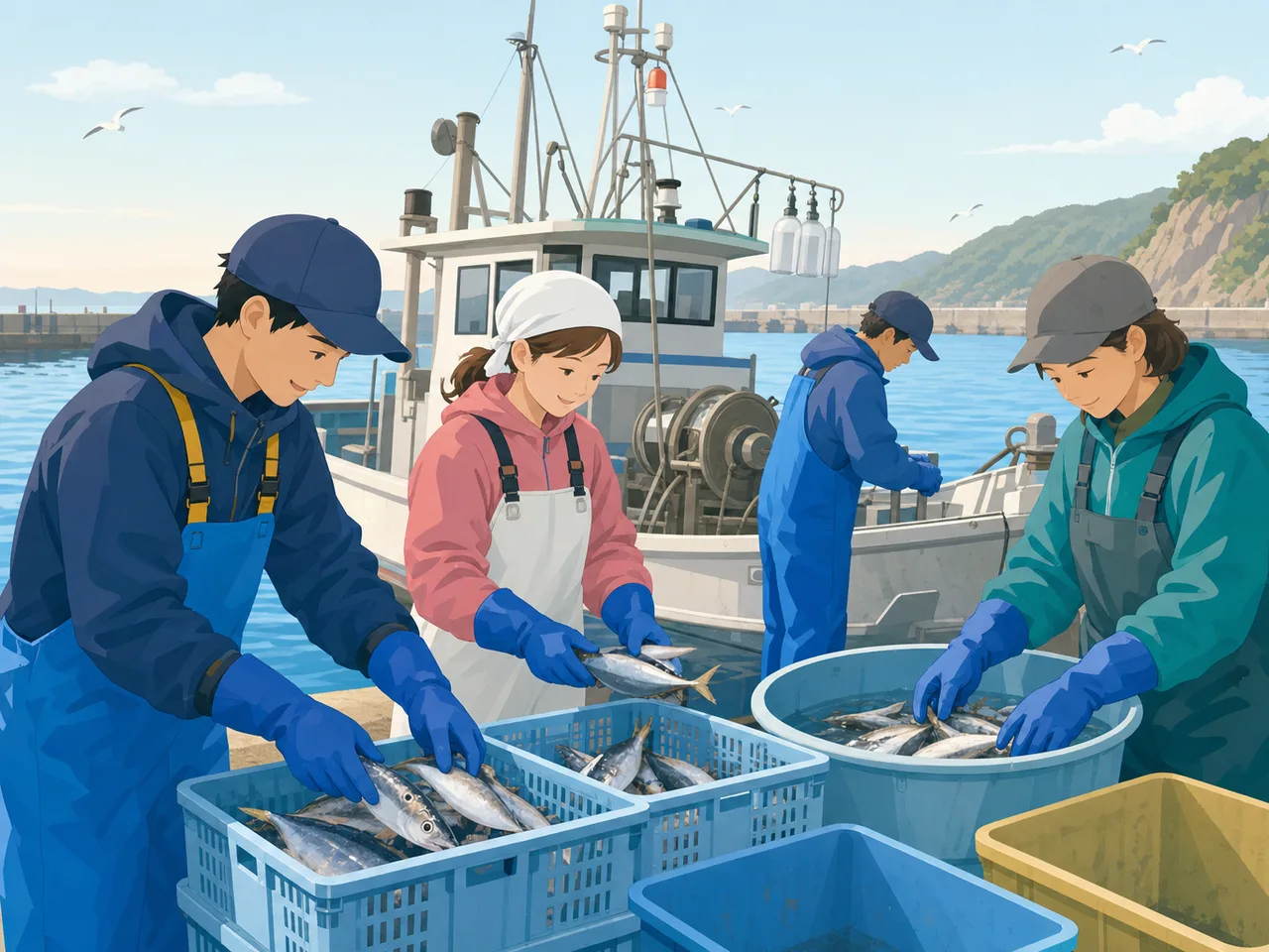 漁港で水揚げをする日本の漁業者（フラットイラスト）。漁業、一次産業、水産、地域産業の記事に使える仕事素材です。