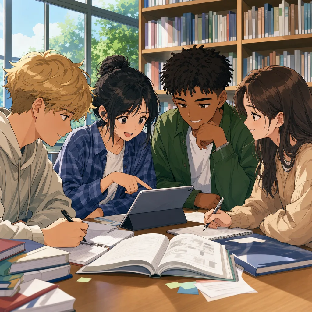 勉強する学生のアニメ風イラスト（アニメ風・記事向け）。教育、学習、受験の記事やアプリに使える、完全オリジナルのアニメ風学生素材です。