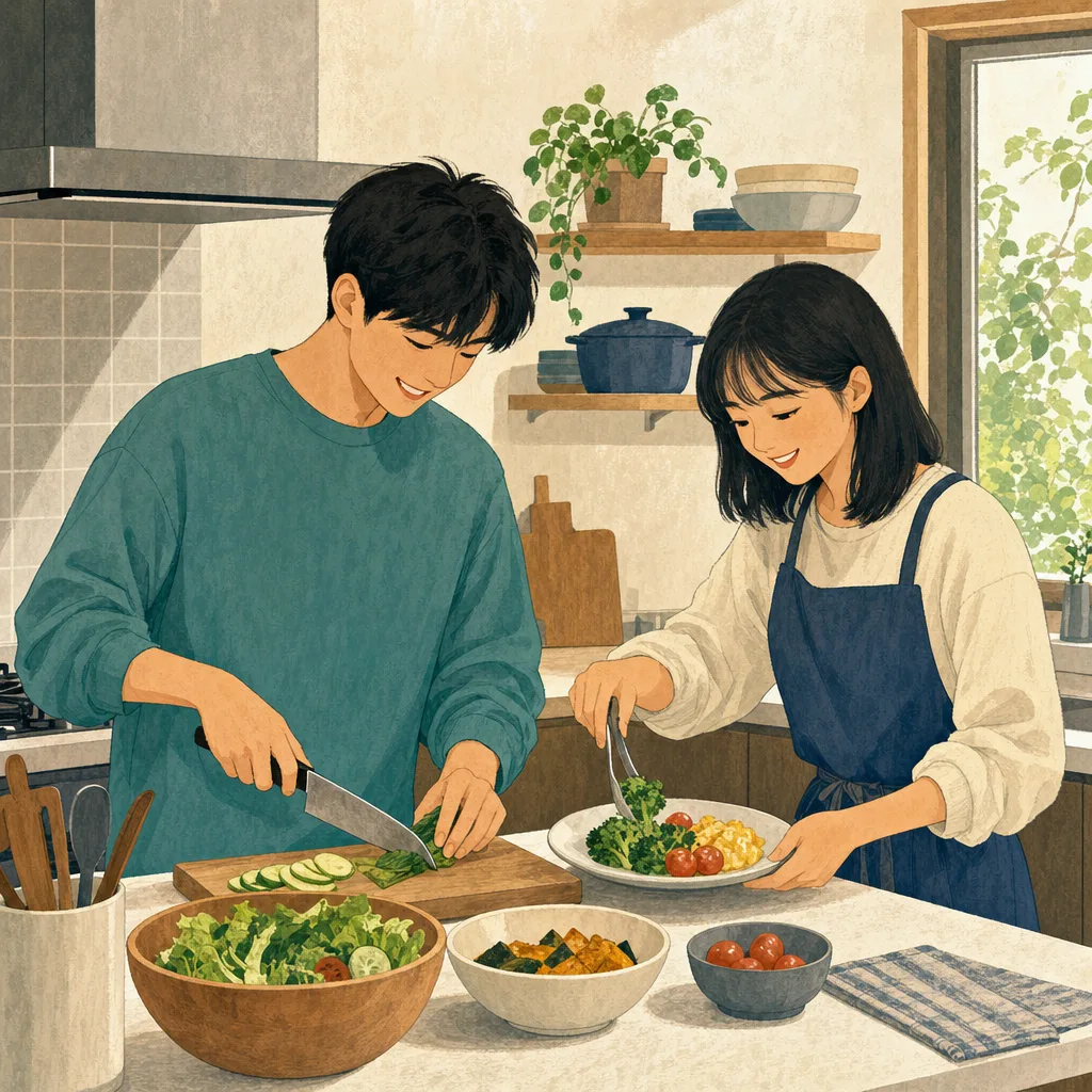 一緒に料理する日本人きょうだい（編集記事向け）。成人きょうだいの料理、きょうだいで作る家庭料理、きょうだい、兄弟姉妹の記事や案内に使える商用素材です。
