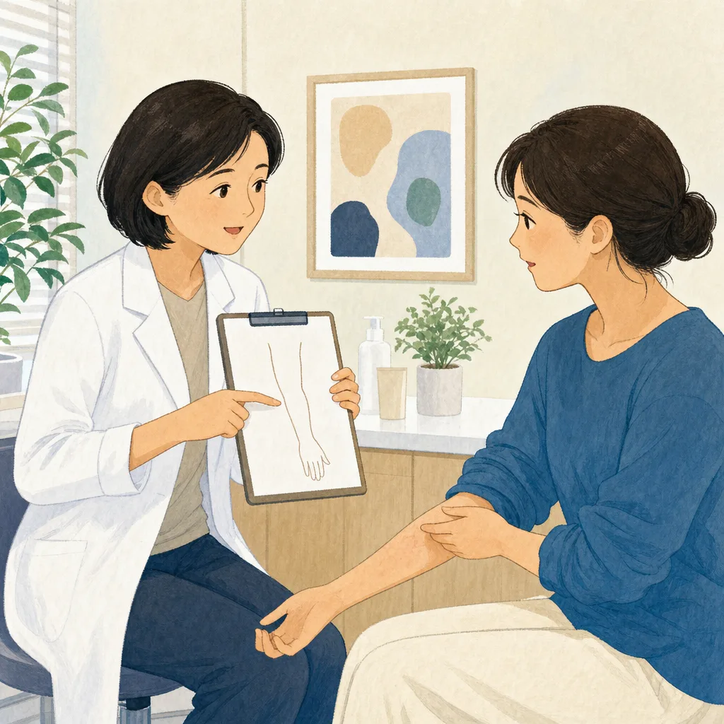 皮膚科で相談する日本人患者（編集記事向け）。皮膚科、肌の相談、診察、健康管理の記事向け素材です。