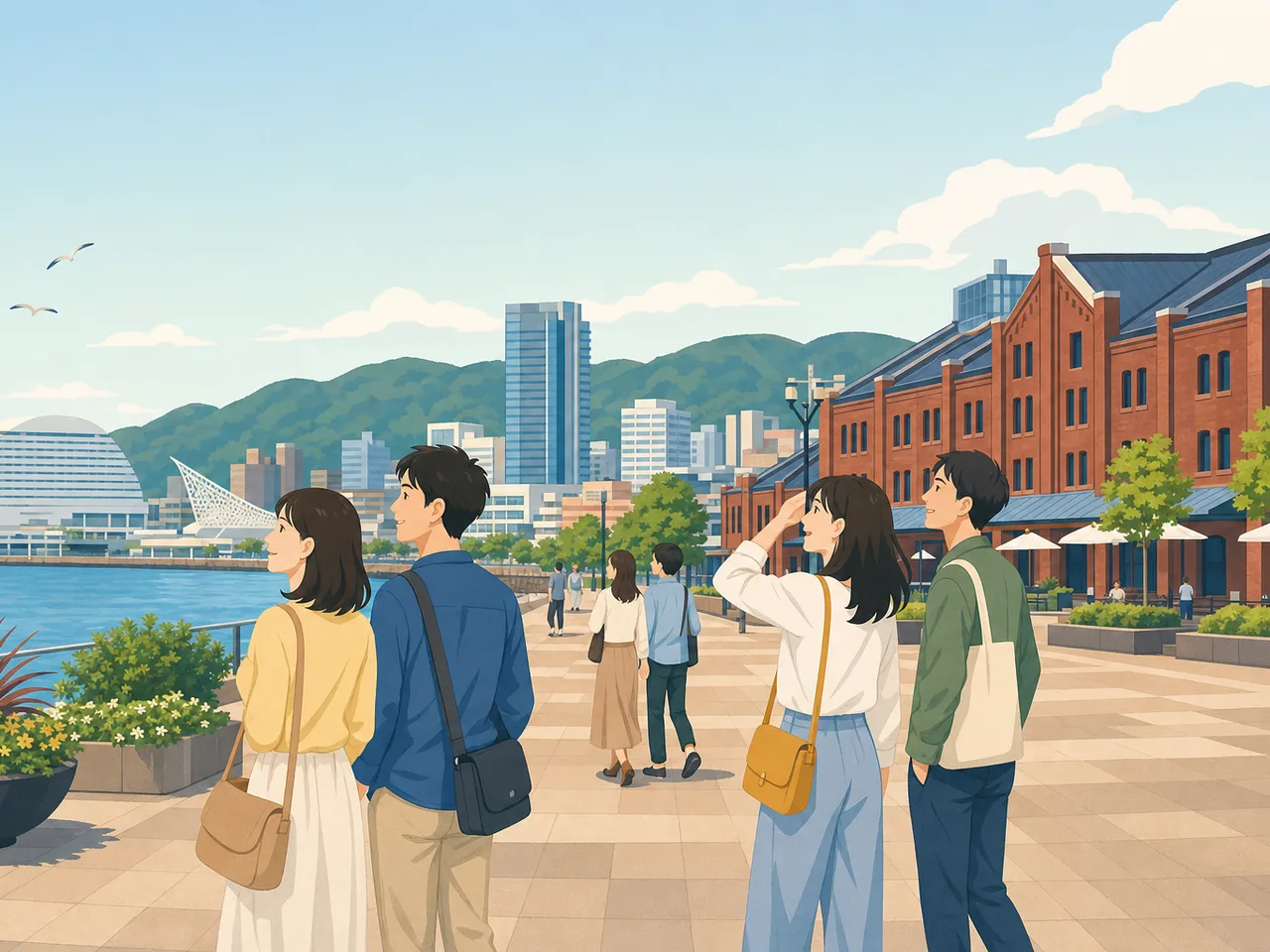 神戸の港を楽しむ日本人旅行者（フラットイラスト）。神戸、港町、関西旅行、都市観光の記事向け素材です。