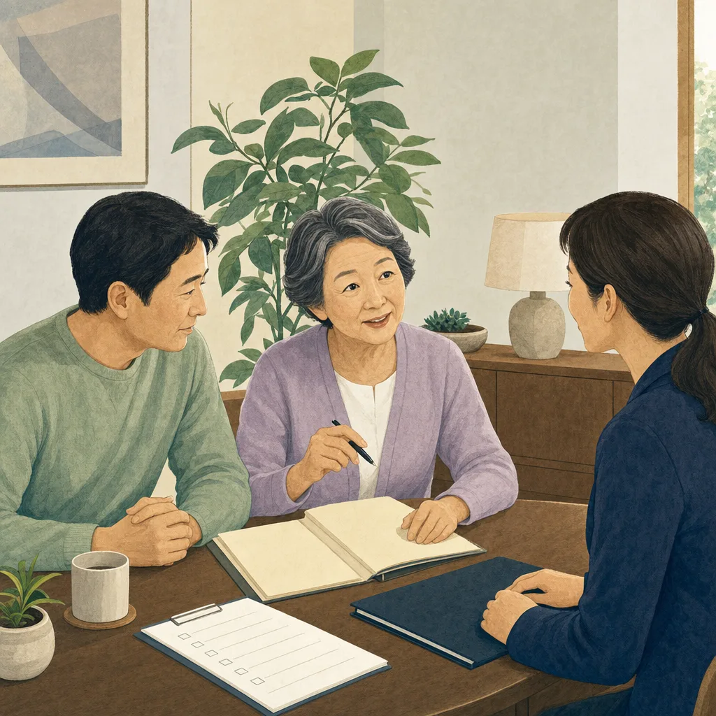 終活について相談する日本人シニア（編集記事向け）。終活、老後準備、家族相談、専門サービスの記事向け素材です。