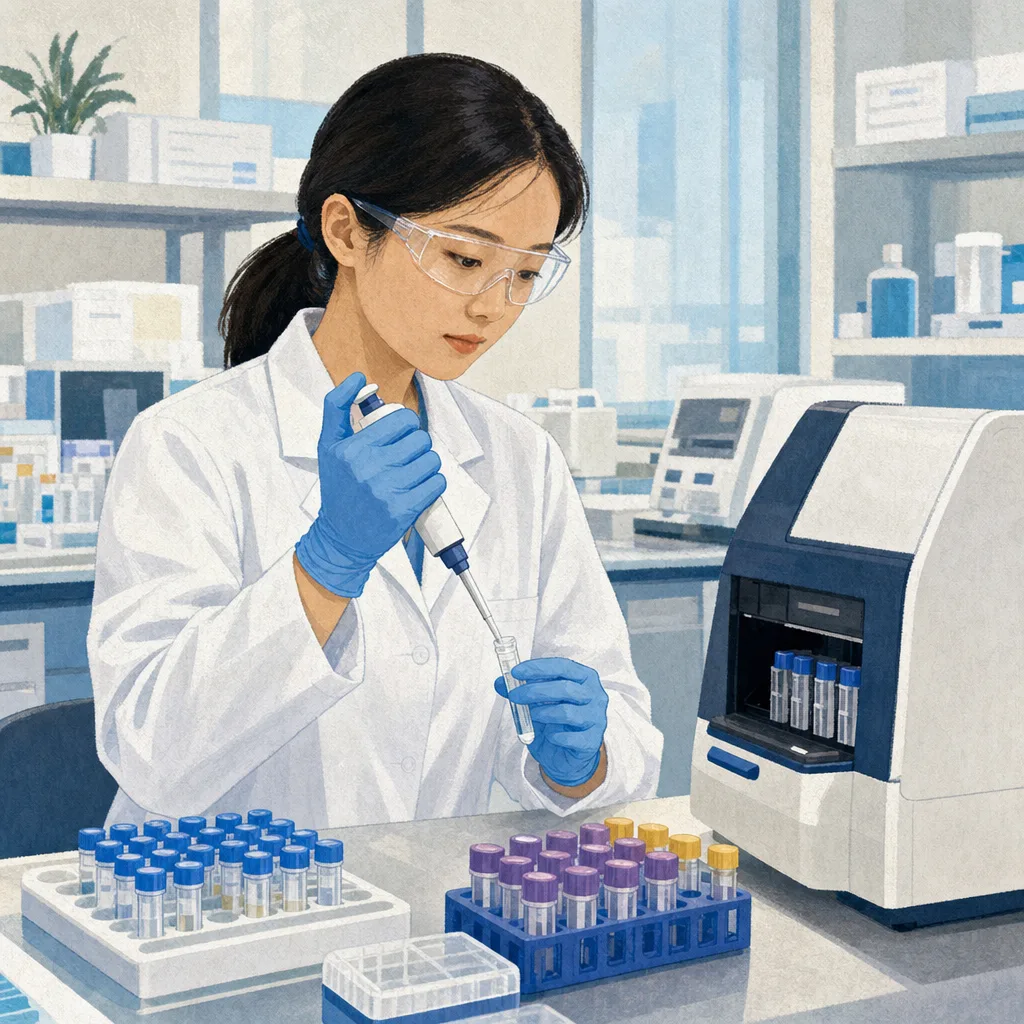 検体を扱う日本人臨床検査技師（編集記事向け）。臨床検査技師、検査室、医療技術、チーム医療の記事向け素材です。