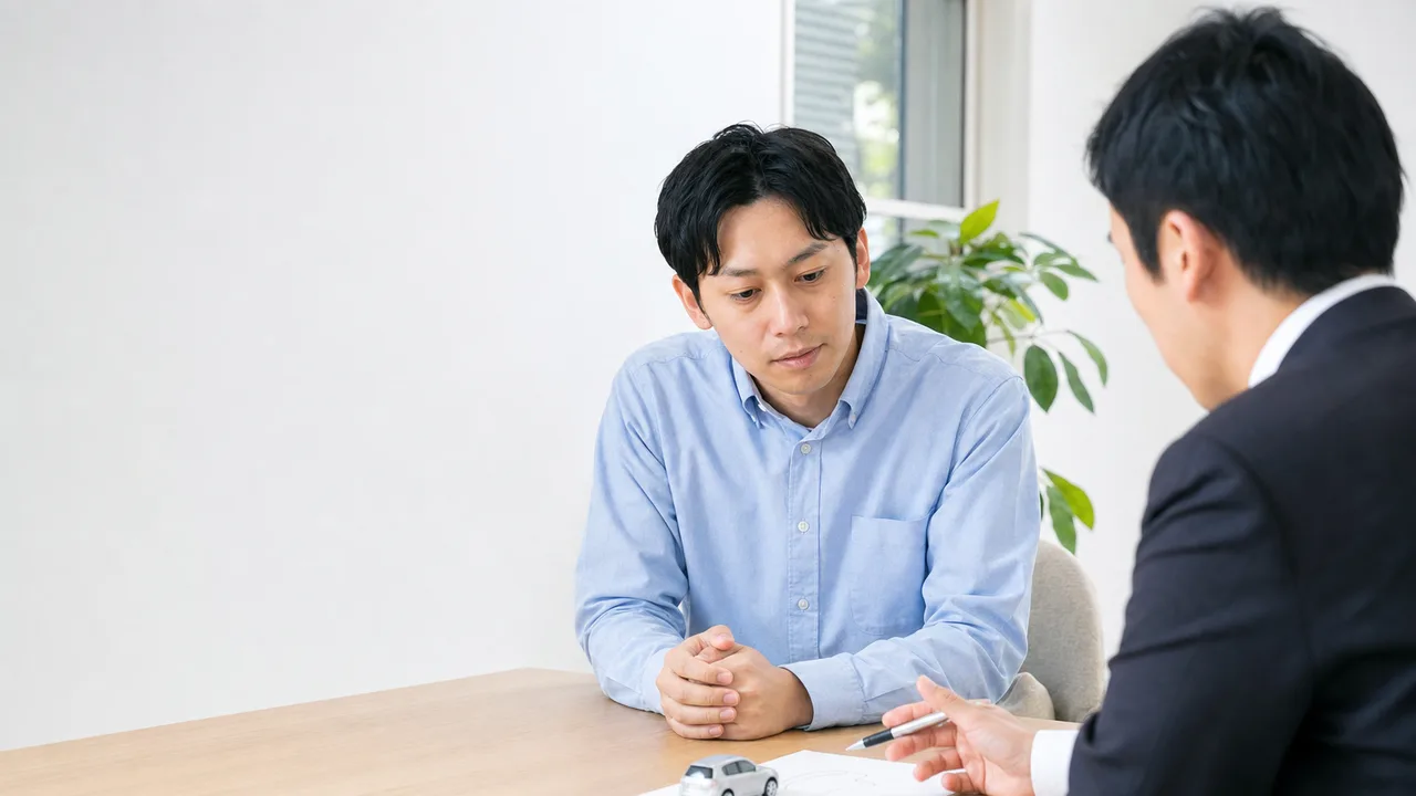 交通事故後の保険相談をする日本人（横長・コピースペース）。交通事故、自動車保険、事故対応、相談窓口の記事向け素材です。