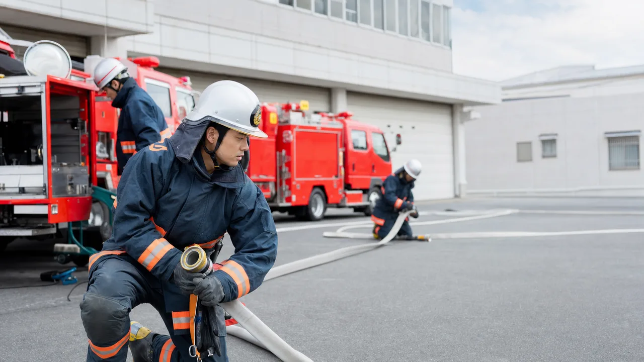 訓練に取り組む日本人消防士（横長・コピースペース）。消防士、防災、訓練、地域安全の記事に使える仕事素材です。