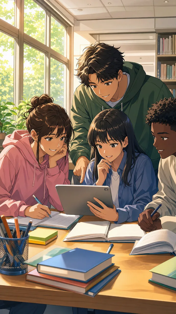勉強する学生のアニメ風イラスト（アニメ風・縦型）。教育、学習、受験の記事やアプリに使える、完全オリジナルのアニメ風学生素材です。