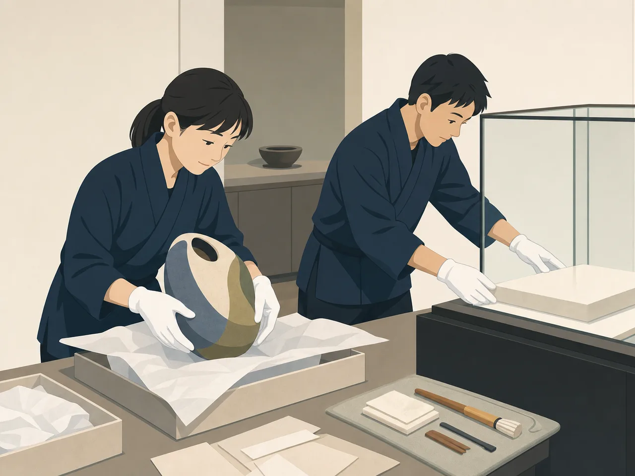 展示準備をする日本人学芸員（フラットイラスト）。学芸員、博物館、美術館、展示企画の記事向け素材です。