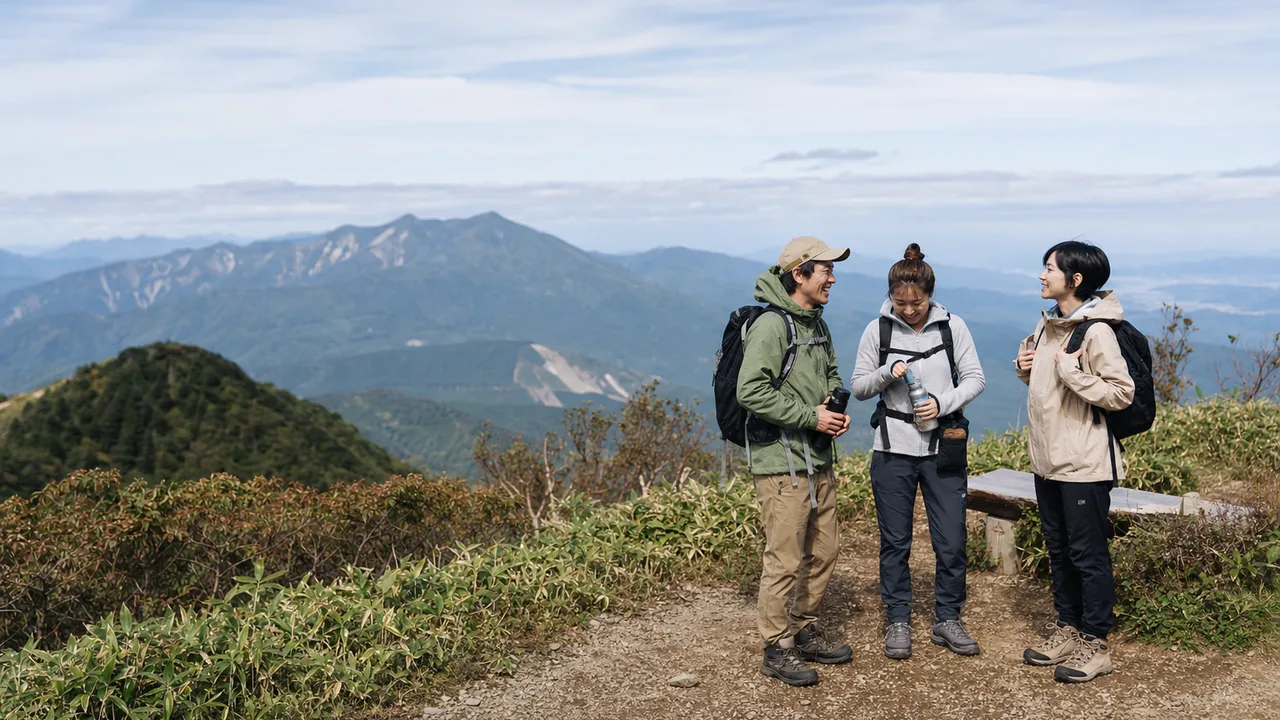 安全に登山を楽しむ日本人の友人（横長・コピースペース）。登山、ハイキング、アウトドア、健康促進の記事向け素材です。