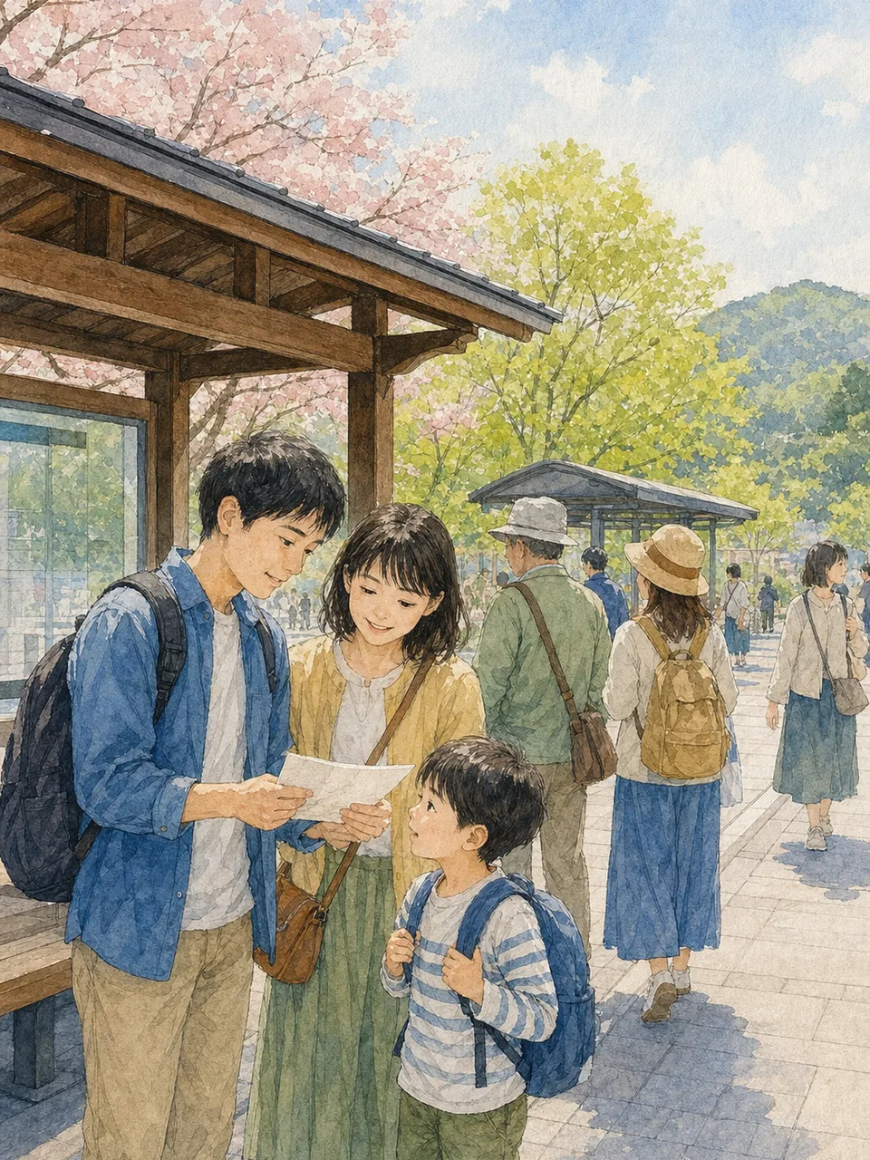 ゴールデンウィークに日帰り旅行する日本人（手描き水彩）。ゴールデンウィーク、日帰り旅行、家族、休日の記事向け素材です。
