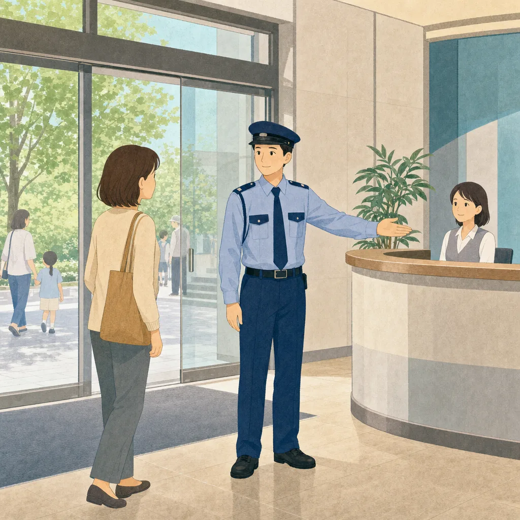 施設を見守る日本人警備員（編集記事向け）。警備員、施設警備、防犯、安全管理の記事に使える素材です。