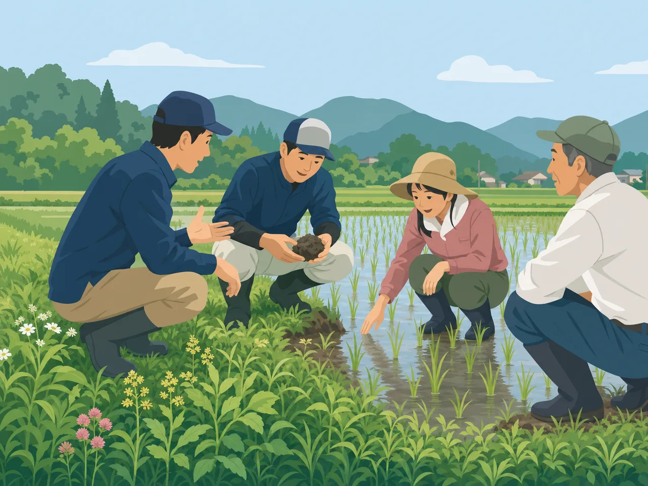 環境に配慮して稲作をする日本人農家（フラットイラスト）。環境保全型農業、稲作、水田、土づくりの記事や案内に使える商用素材です。