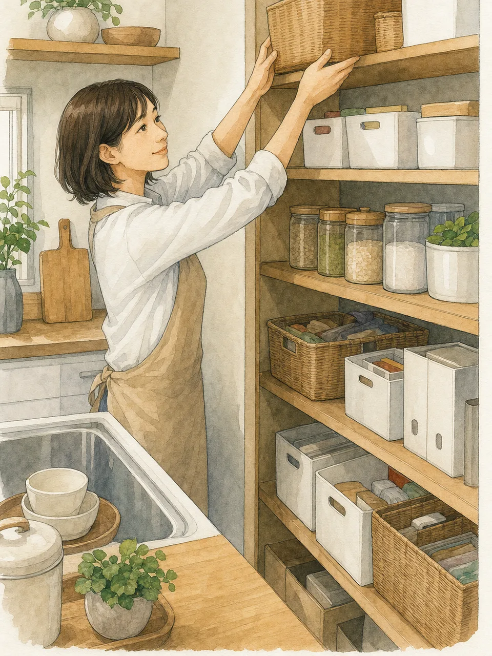 食品収納を計画する日本人家族（手描き水彩）。パントリー収納、食品収納、キッチン収納、整理整頓の記事や案内に使える商用素材です。