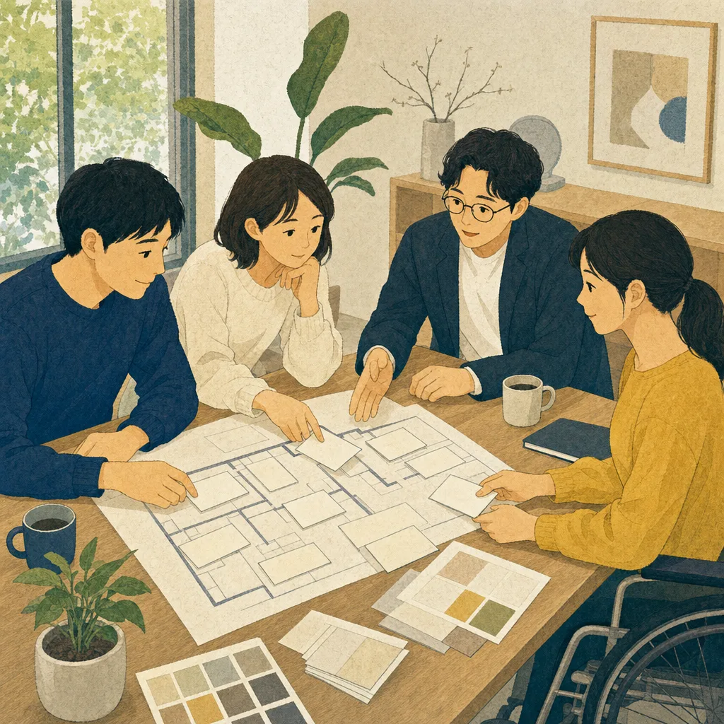 注文住宅の打合せをする日本人（編集記事向け）。注文住宅打合せ、家づくり、設計相談、住宅の記事向け素材です。