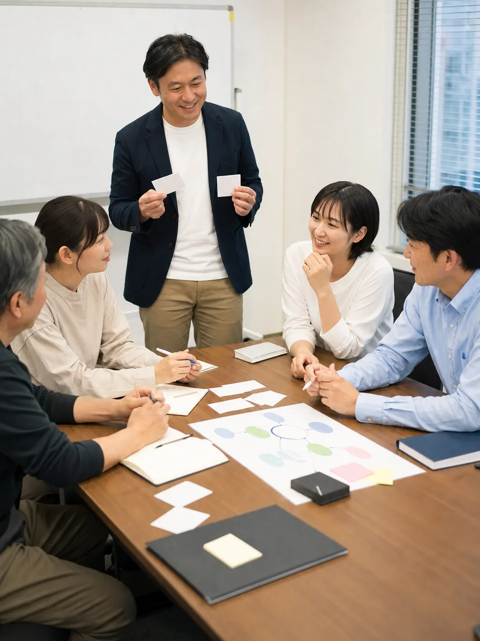 社員研修に参加する日本人会社員（自然な縦位置写真）。社員研修、人材育成、社内教育、チームづくりの記事向け素材です。