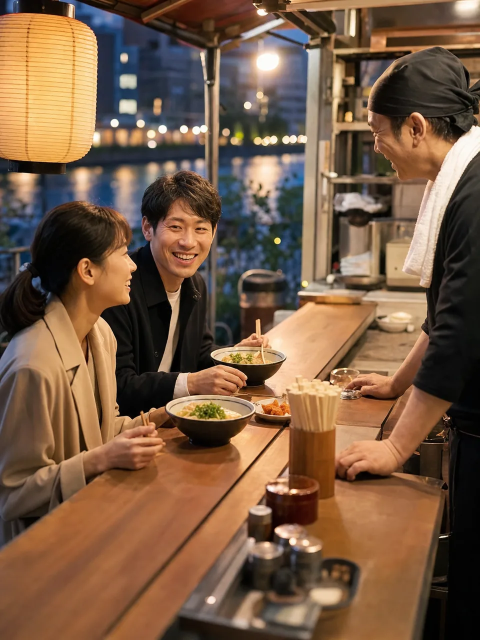 福岡の屋台を楽しむ日本人旅行者（自然な縦位置写真）。福岡、屋台、九州旅行、食の観光の記事向け素材です。