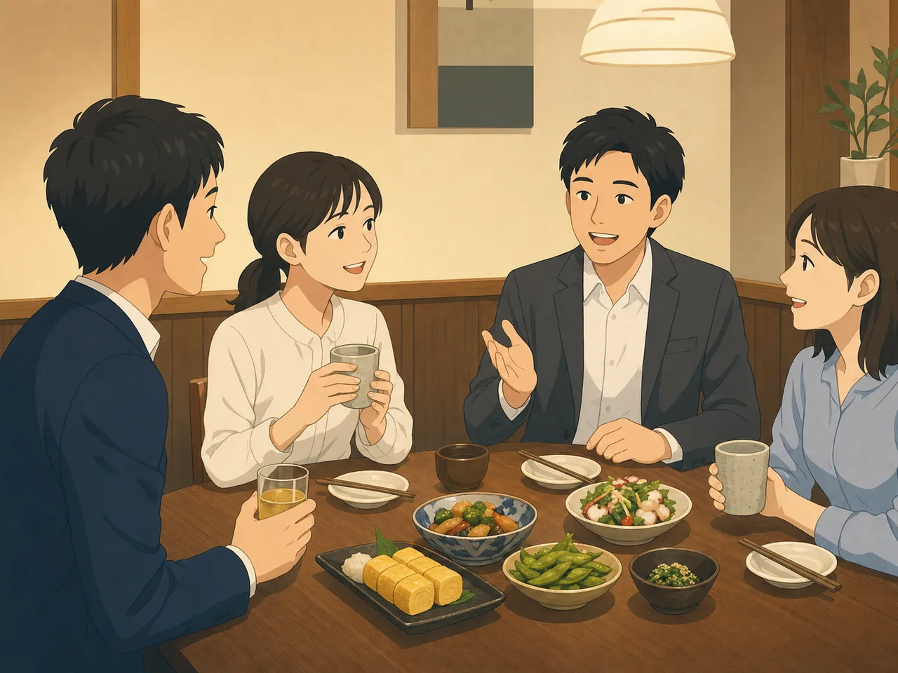 居酒屋で食事を楽しむ日本人同僚（フラットイラスト）。居酒屋、懇親会、外食、仕事帰りの交流を表現できる素材です。