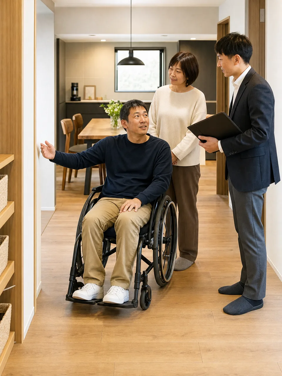 バリアフリー住宅で暮らす日本人（自然な縦位置写真）。バリアフリー住宅、車いす、住環境、共生の記事向け素材です。