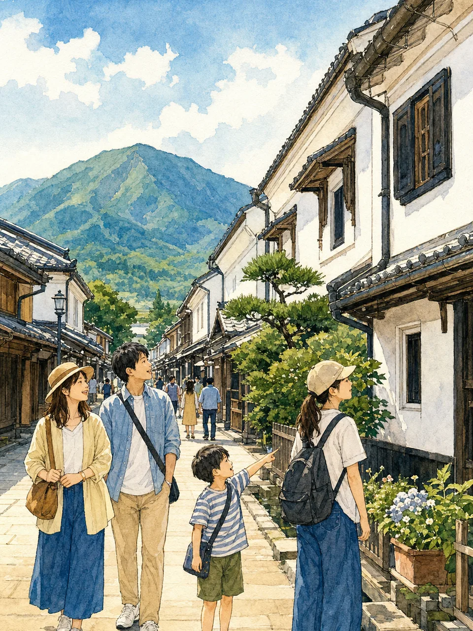 福島の会津の町を巡る旅行者（手描き水彩）。福島旅行、会津、蔵の町、東北旅行の記事や案内に使える商用素材です。