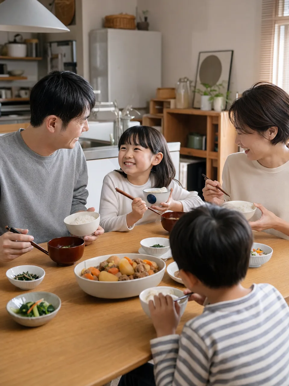 肉じゃがを囲む日本人家族（自然な縦位置写真）。肉じゃが、家庭料理、和食、家族の食卓の記事や案内に使える商用素材です。