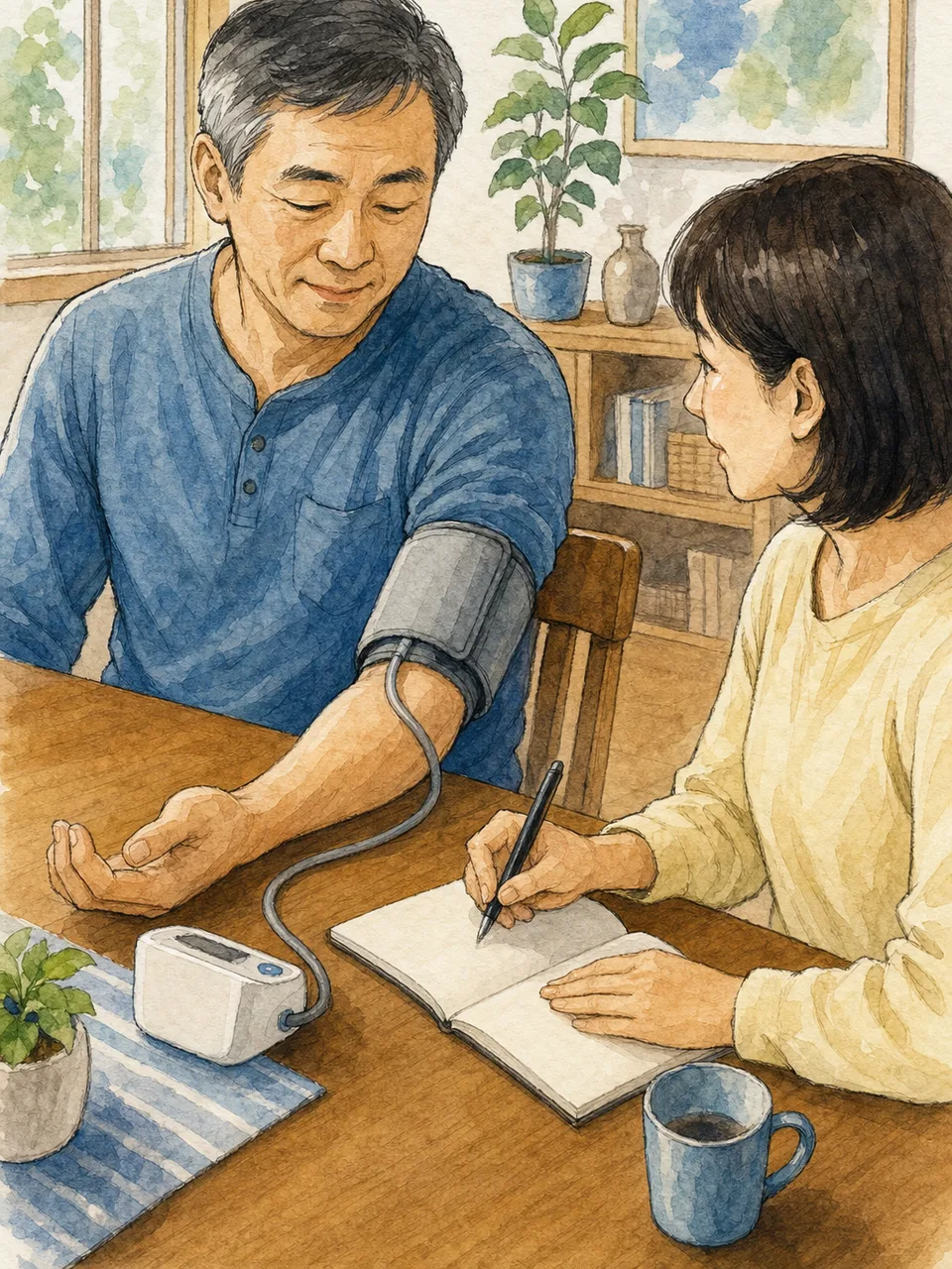家庭で血圧を測る日本人（手描き水彩）。高血圧、血圧測定、健康管理、家庭医療の記事向け素材です。