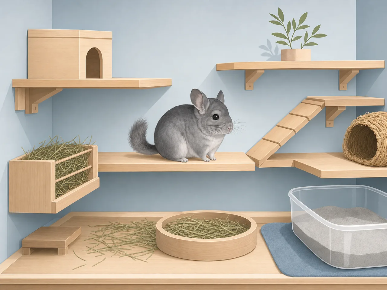 適切な環境で暮らすチンチラ（フラットイラスト）。チンチラ、小動物、ペット、飼育環境の記事や案内に使える商用素材です。