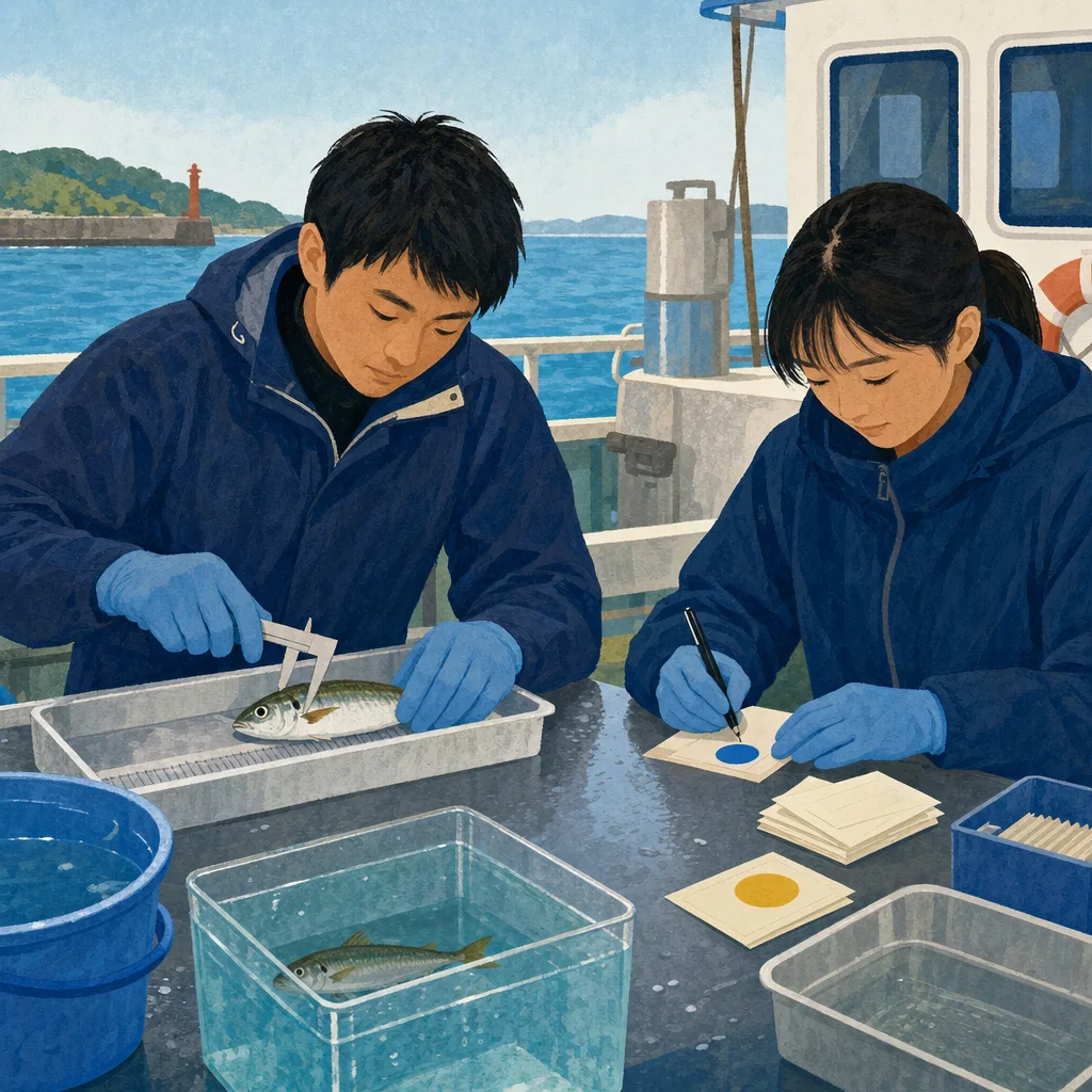水産資源を調査する日本人（編集記事向け）。水産資源調査、漁業、魚類調査、海洋研究の記事や案内に使える商用素材です。