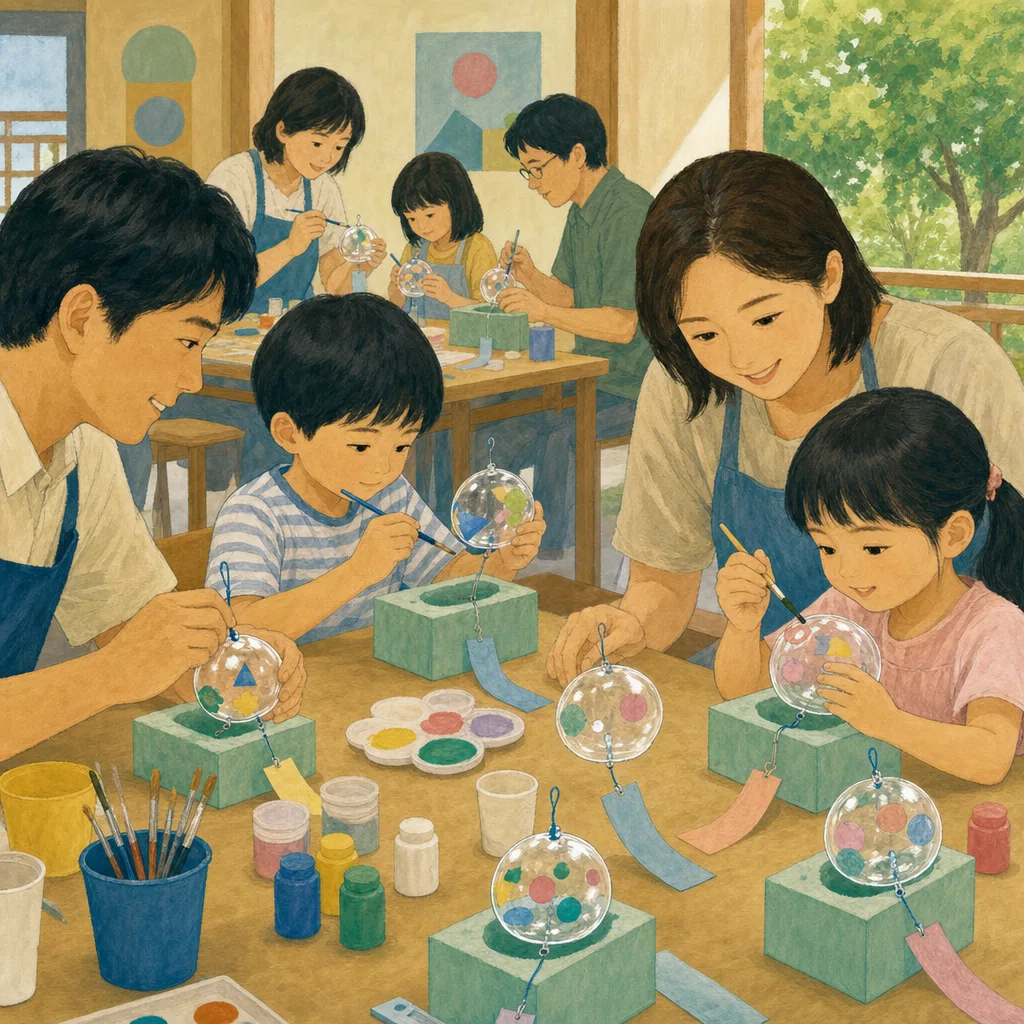 風鈴の絵付けを楽しむ日本人（編集記事向け）。風鈴絵付け、風鈴作り、夏の工作、伝統工芸体験の記事や案内に使える商用素材です。