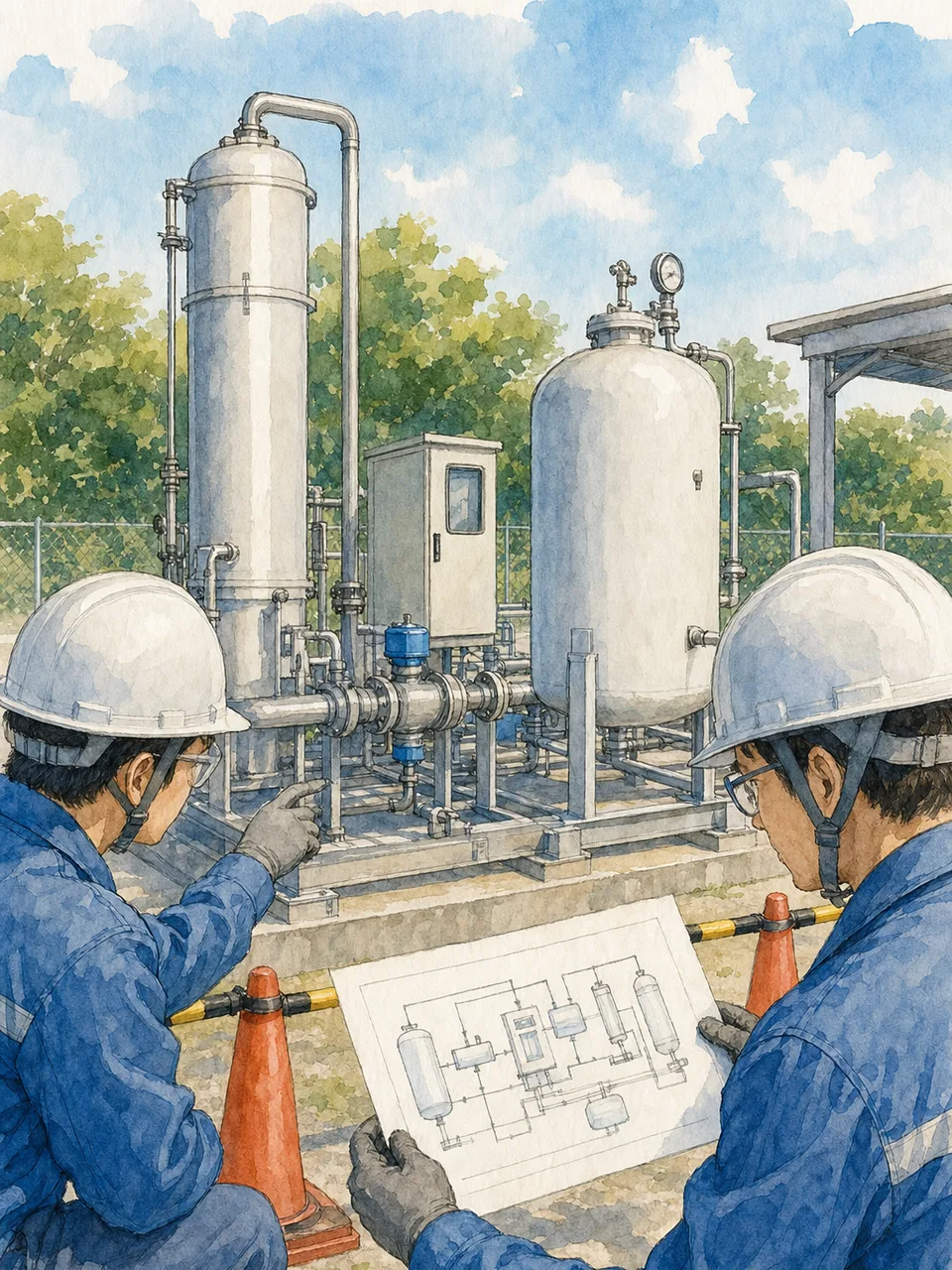 水素エネルギー設備を点検する日本人（手描き水彩）。水素エネルギー、脱炭素、設備点検、エネルギーの記事向け素材です。