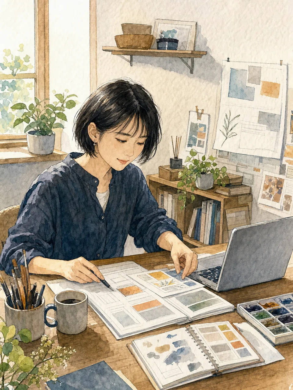 自宅で働く日本人フリーランス（手描き水彩）。フリーランス、副業、在宅ワーク、個人事業の記事向け素材です。