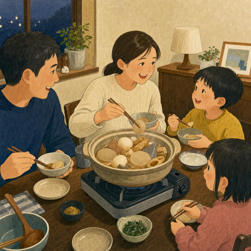 おでんを囲む日本人家族（編集記事向け）。おでん、冬の食卓、鍋料理、家族の記事向け素材です。