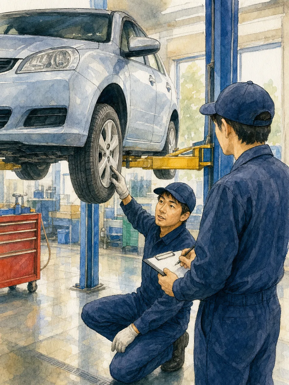 自動車を点検する日本人整備士（手描き水彩）。整備士、自動車点検、車検、安全管理の記事に使える仕事素材です。