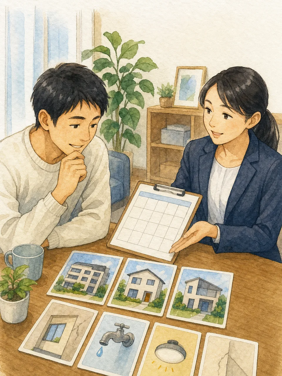 賃貸契約の更新を相談する日本人（手描き水彩）。賃貸契約更新、更新手続き、賃貸住宅、不動産管理の記事や案内に使える商用素材です。