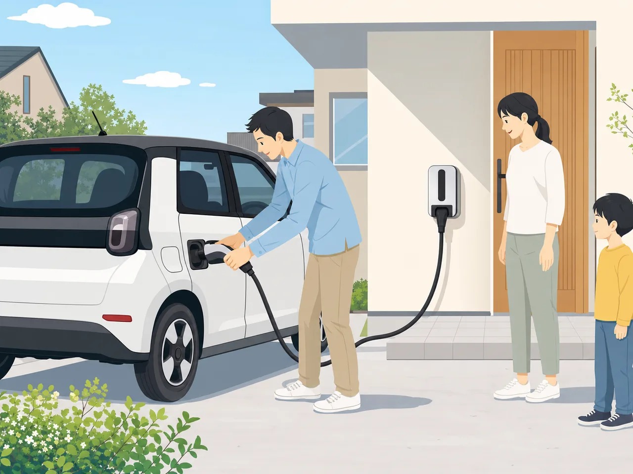 自宅で電気自動車を充電する日本人家族（フラットイラスト）。電気自動車、EV充電、脱炭素、住宅設備の記事に使える素材です。