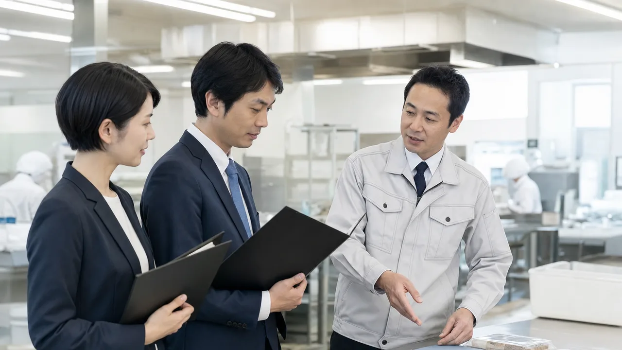 内部監査の確認を行う日本人チーム（横長・コピースペース）。内部監査、監査、業務確認、証跡の記事や案内に使える商用素材です。