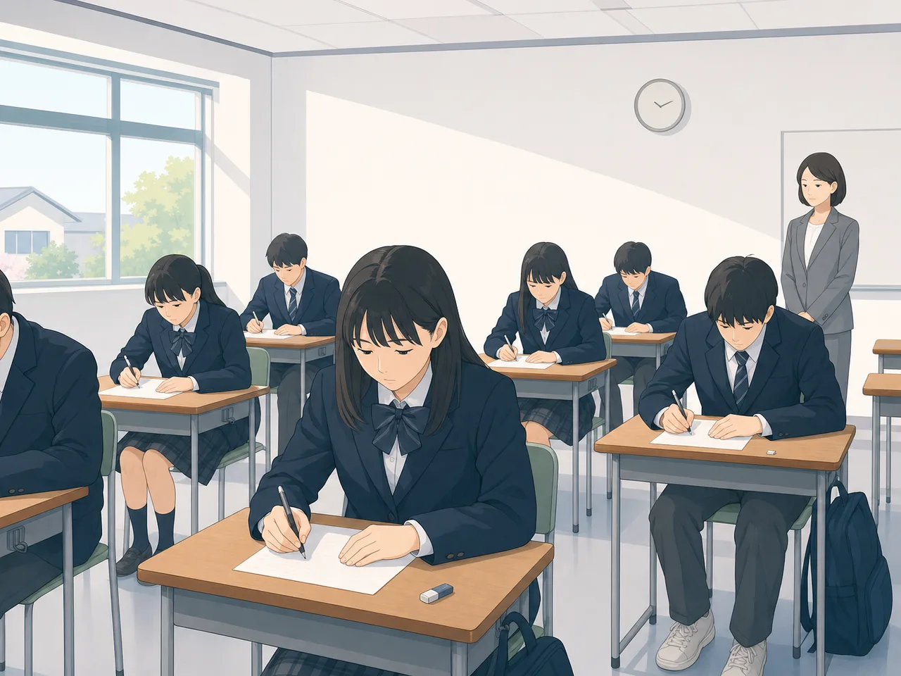 入学試験に臨む日本人学生（フラットイラスト）。入学試験、受験会場、進学、教育の記事向け素材です。