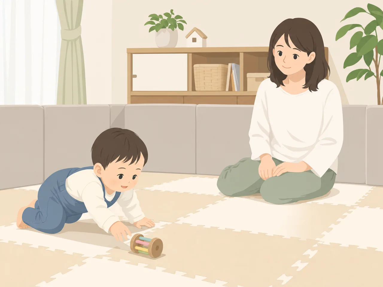 家でハイハイする日本人の赤ちゃん（フラットイラスト）。ハイハイ赤ちゃん、乳児、成長、子育ての記事向け素材です。