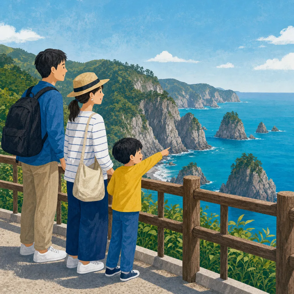 岩手の三陸海岸を眺める旅行者（編集記事向け）。岩手旅行、三陸海岸、東北旅行、海岸風景の記事や案内に使える商用素材です。