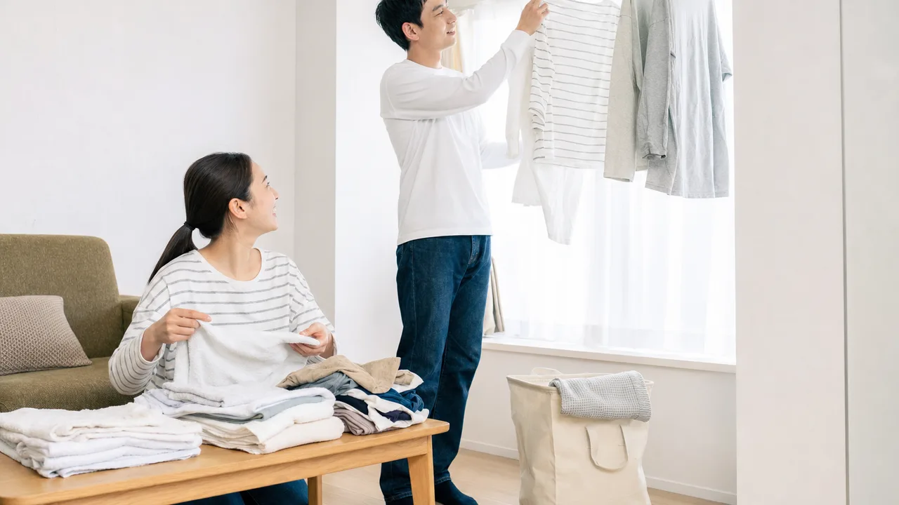 洗濯物を協力して片付ける日本人夫婦（横長・コピースペース）。洗濯、家事分担、共働き、生活用品の記事に使える家庭素材です。