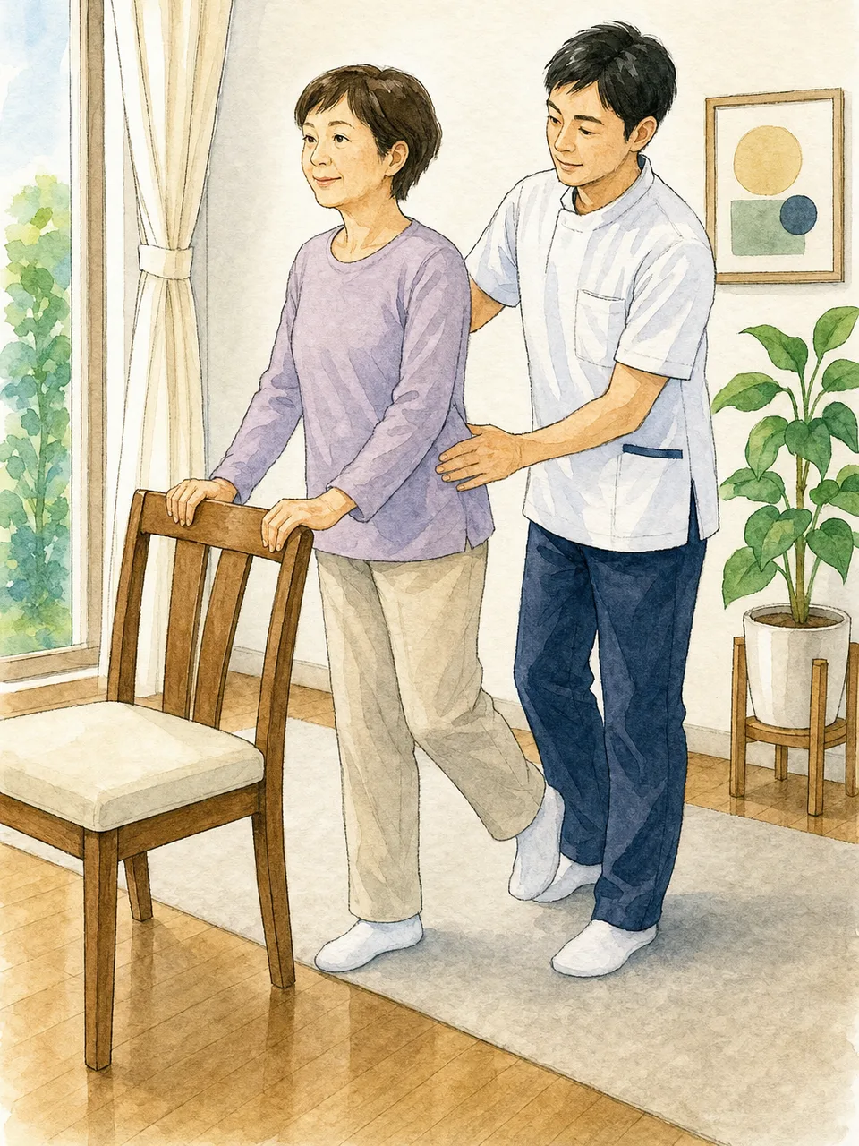 訪問リハビリに取り組む日本人（手描き水彩）。訪問リハビリ、在宅リハビリ、理学療法士、機能訓練の記事や案内に使える商用素材です。