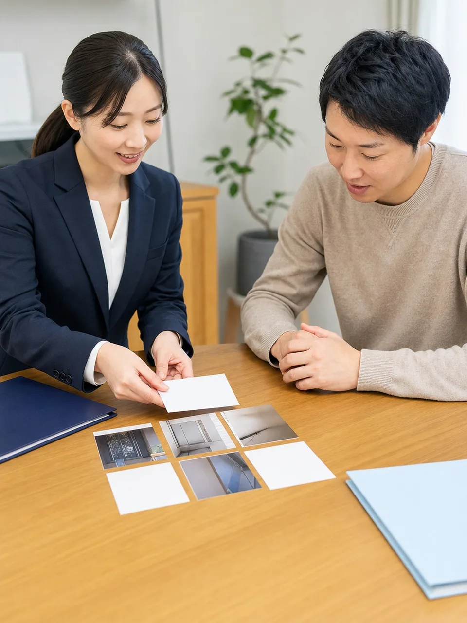 保険金請求を案内する日本人担当者（自然な縦位置写真）。保険金請求、保険相談、損害保険、請求手続きの記事や案内に使える商用素材です。