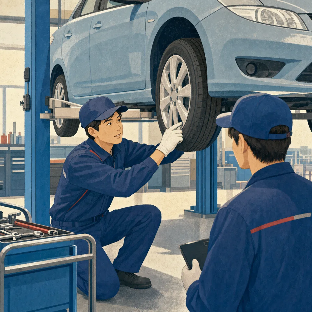 自動車を点検する日本人整備士（編集記事向け）。整備士、自動車点検、車検、安全管理の記事に使える仕事素材です。
