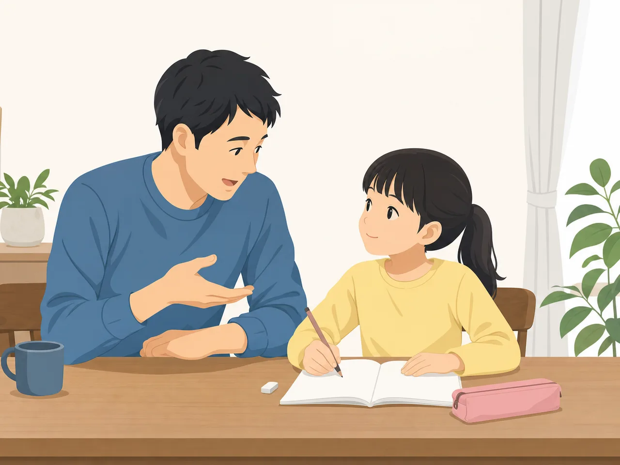 宿題に取り組む日本人の父と娘（フラットイラスト）。父と娘、宿題、家庭学習、子育ての記事向け素材です。