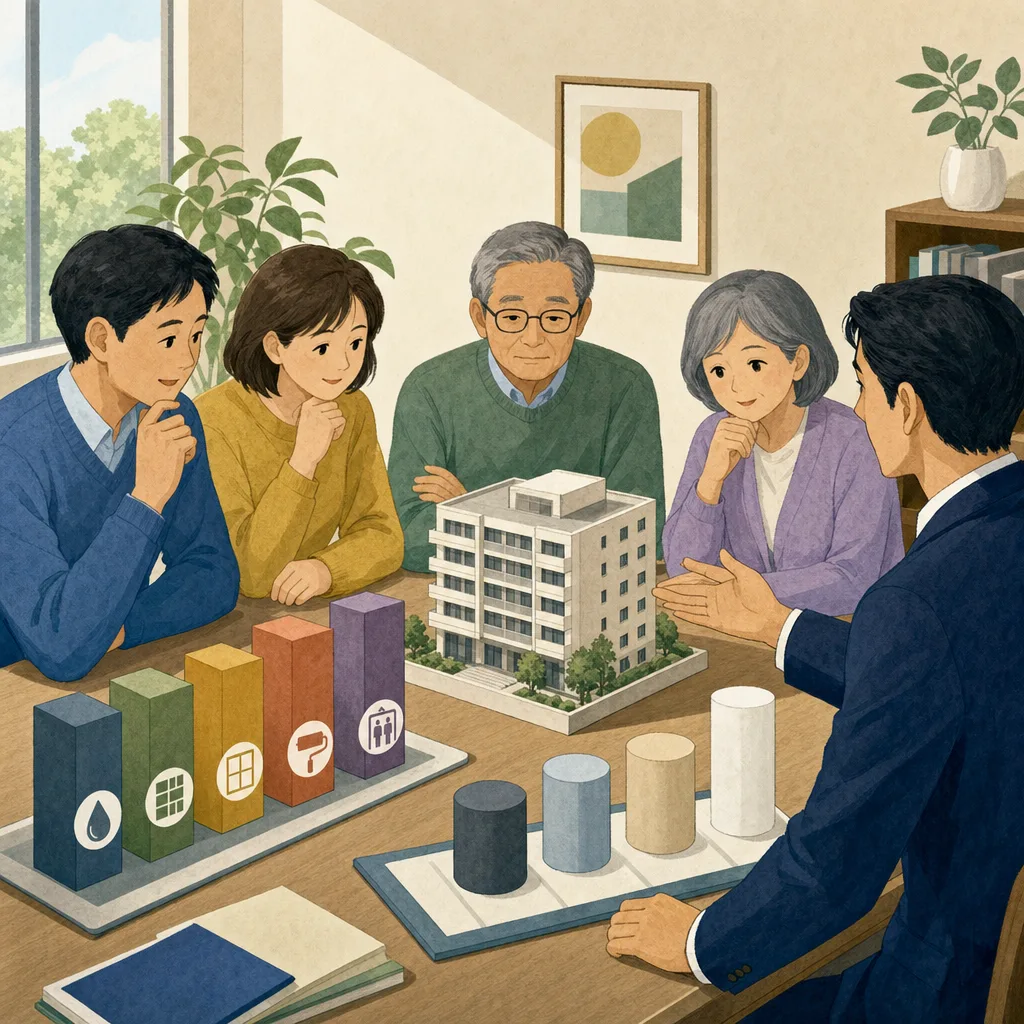 マンション修繕積立を話し合う日本人（編集記事向け）。修繕積立金、マンション管理、大規模修繕、管理組合の記事や案内に使える商用素材です。